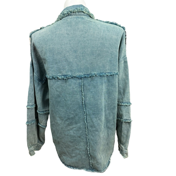 POL Frayed Denim Shacket Jacket Size L Blue Snap Front Distressed Western Style - Picture 6 of 10